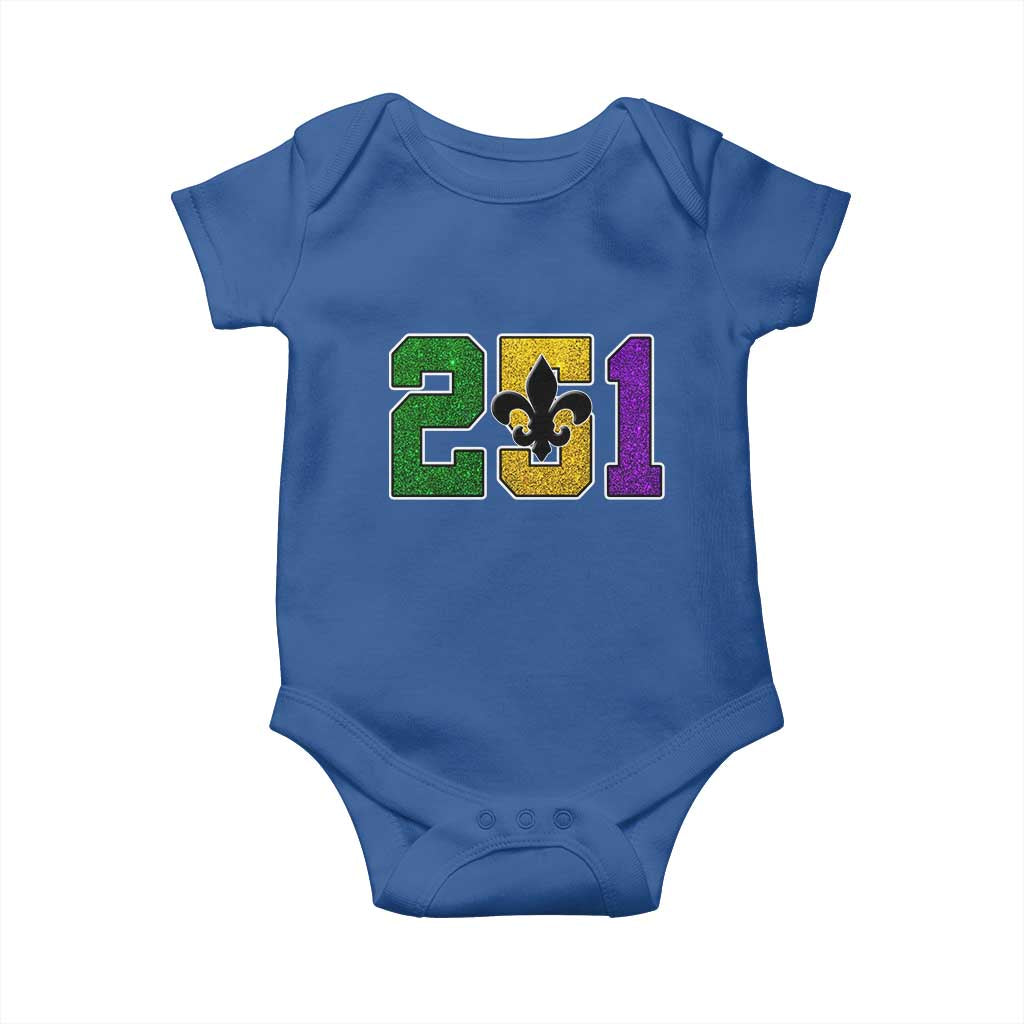 Funny Mardi Gras Mobile Alabama Baby Onesie 251 Area Code Glitter Print Fleur De Lis