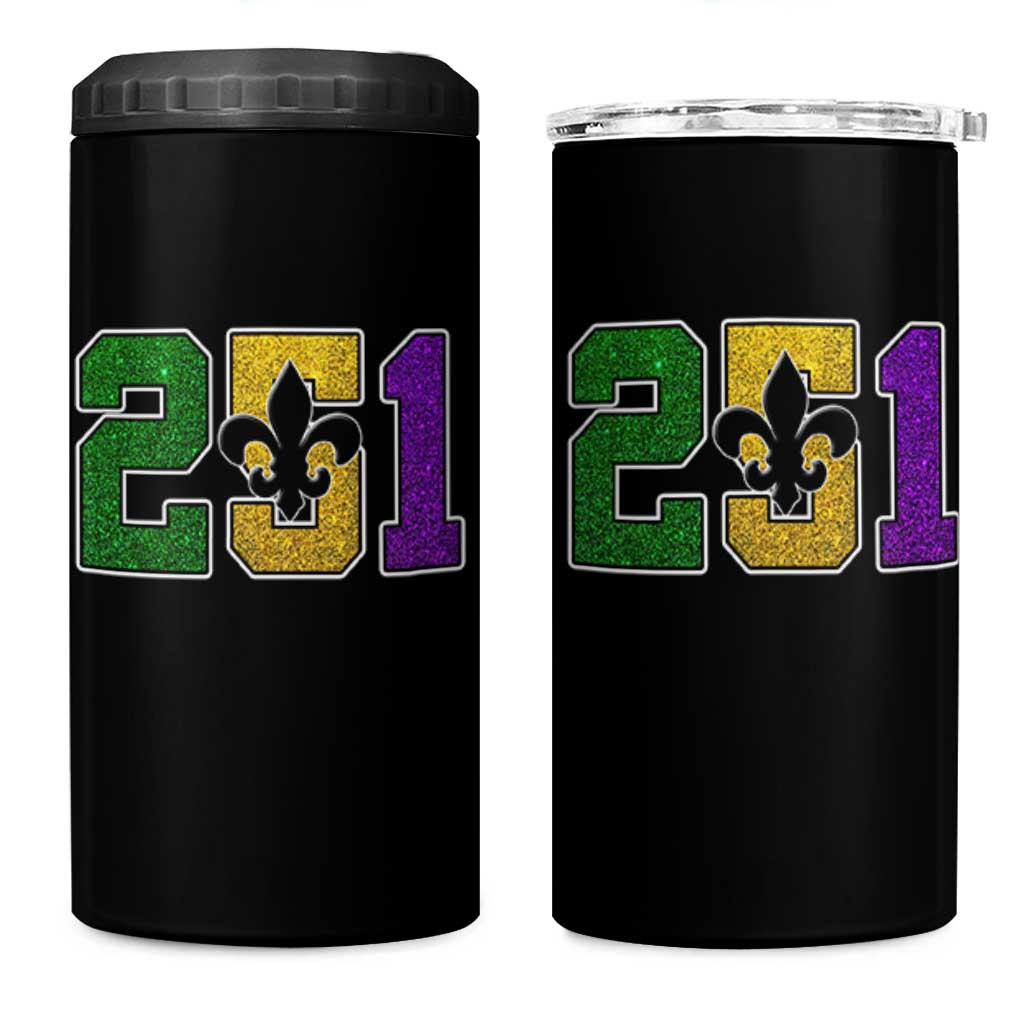 Funny Mardi Gras Mobile Alabama 4 in 1 Can Cooler Tumbler 251 Area Code Glitter Print Fleur De Lis