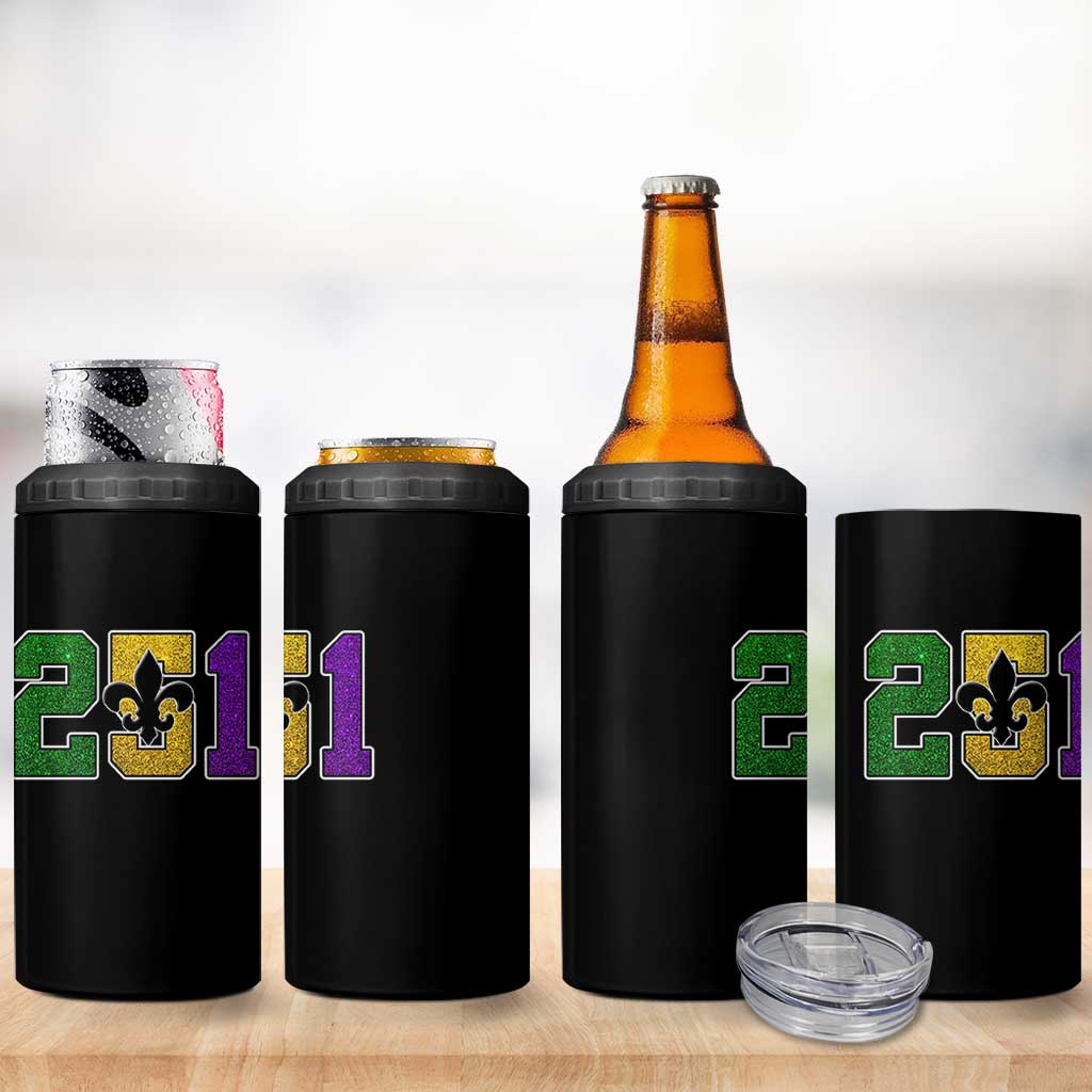 Funny Mardi Gras Mobile Alabama 4 in 1 Can Cooler Tumbler 251 Area Code Glitter Print Fleur De Lis