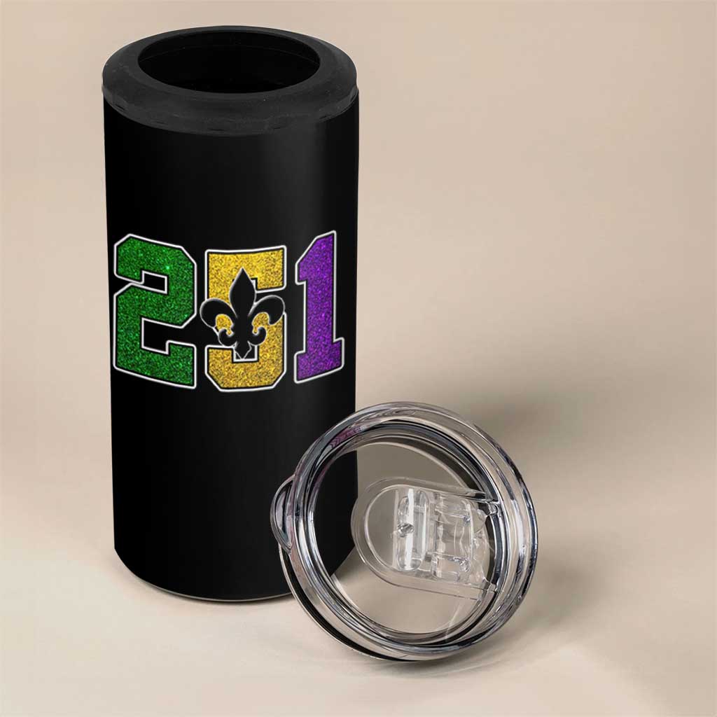 Funny Mardi Gras Mobile Alabama 4 in 1 Can Cooler Tumbler 251 Area Code Glitter Print Fleur De Lis