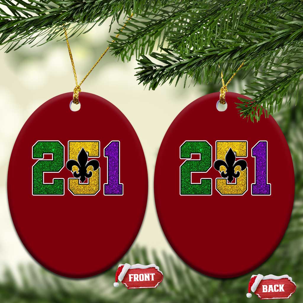 Funny Mardi Gras Mobile Alabama Ceramic Ornament 251 Area Code Glitter Print Fleur De Lis