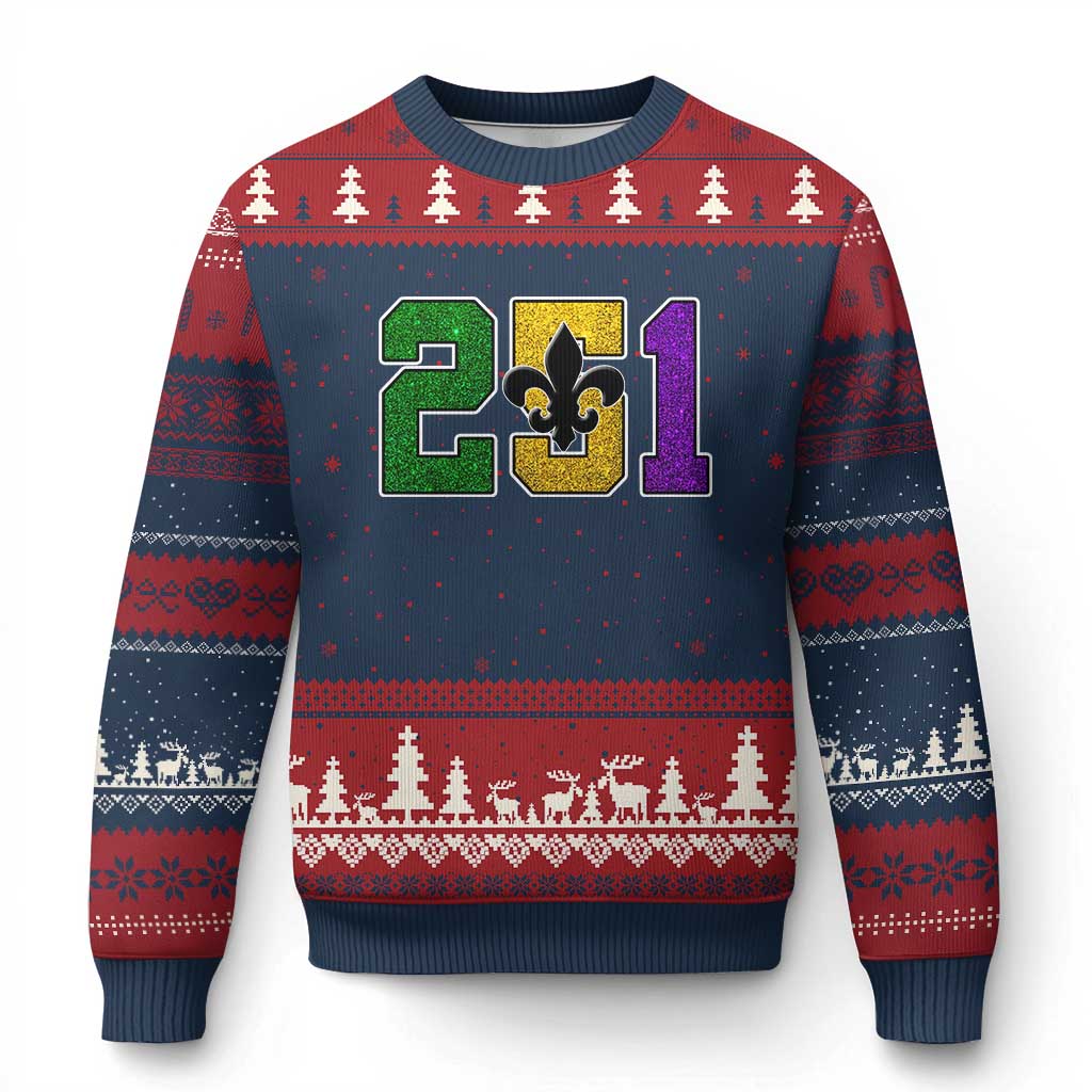 Funny Mardi Gras Mobile Alabama Ugly Christmas Sweater 251 Area Code Glitter Print Fleur De Lis