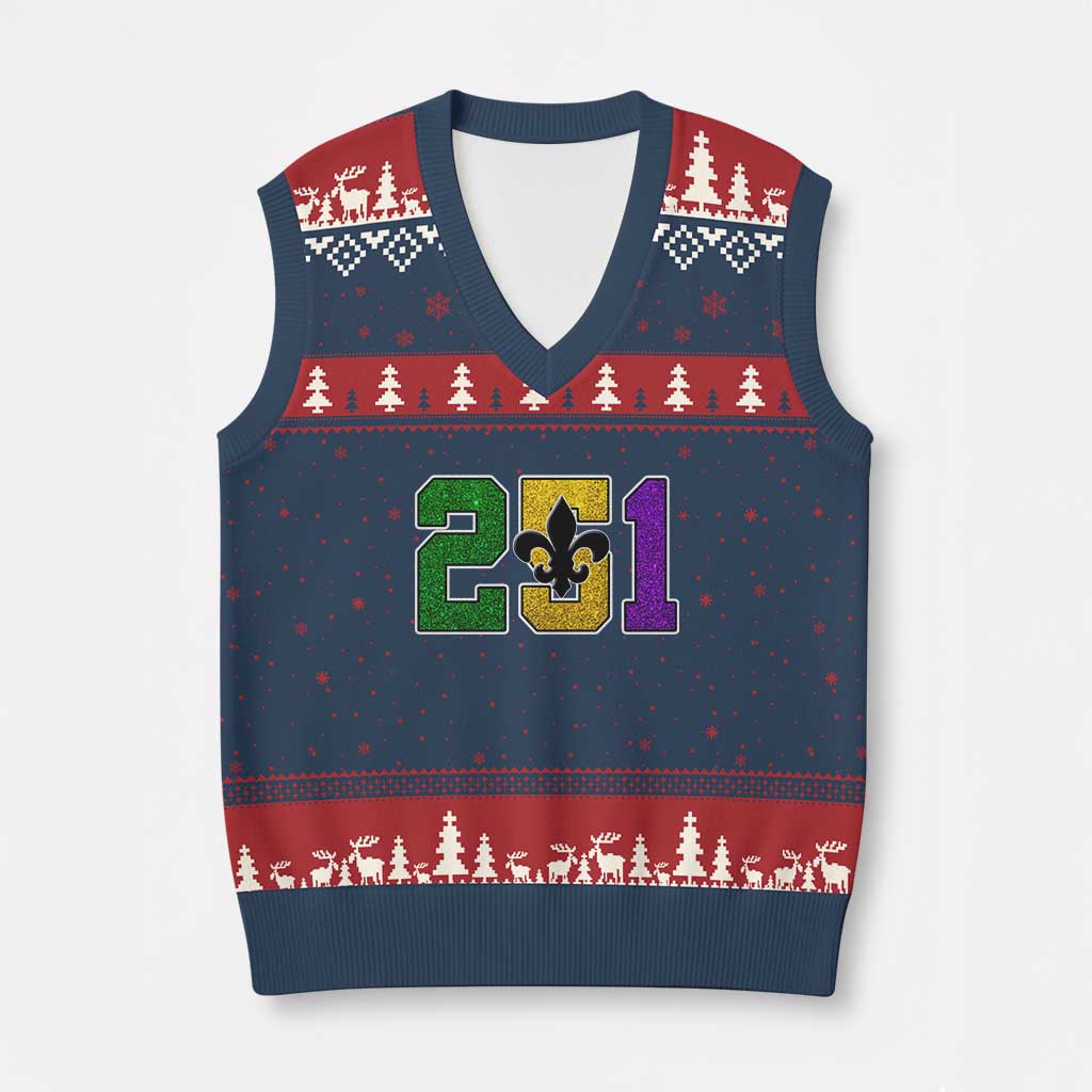 Funny Mardi Gras Mobile Alabama V-Neck Knit Sweater Vest 251 Area Code Glitter Print Fleur De Lis