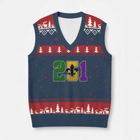 Funny Mardi Gras Mobile Alabama V-Neck Knit Sweater Vest 251 Area Code Glitter Print Fleur De Lis