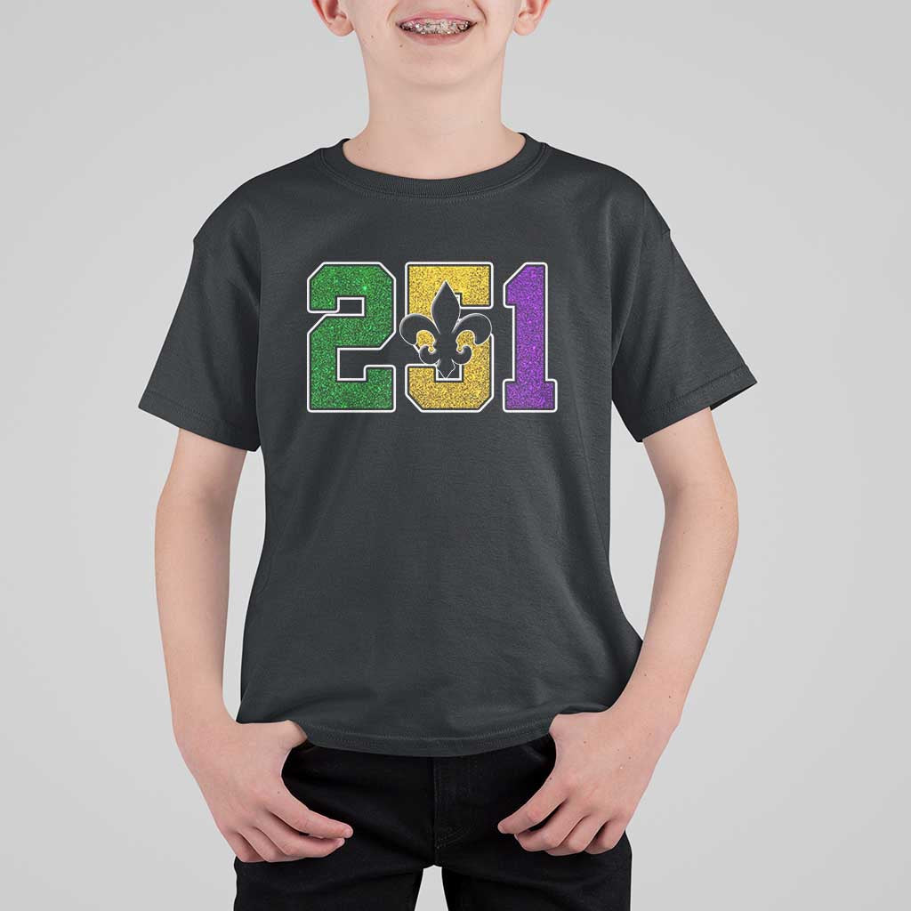 Funny Mardi Gras Mobile Alabama T Shirt For Kid 251 Area Code Glitter Print Fleur De Lis