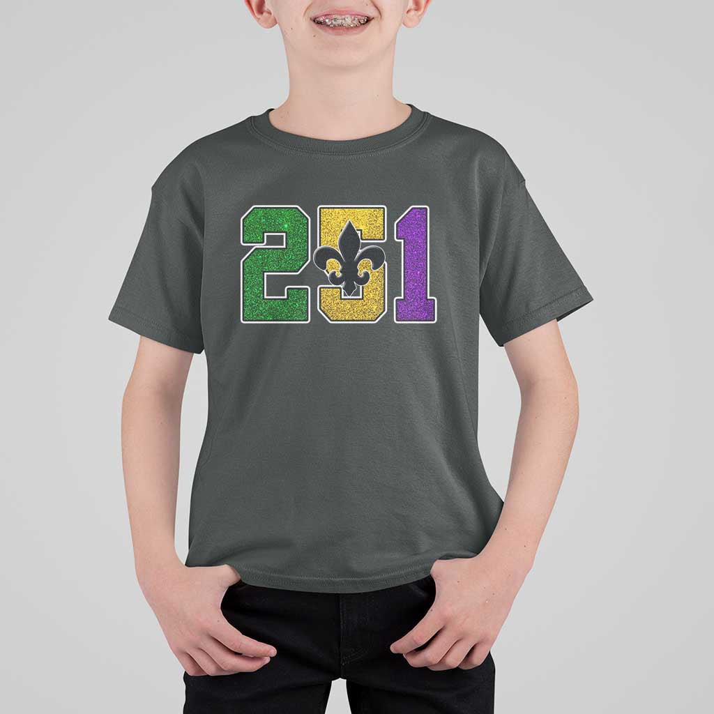 Funny Mardi Gras Mobile Alabama T Shirt For Kid 251 Area Code Glitter Print Fleur De Lis