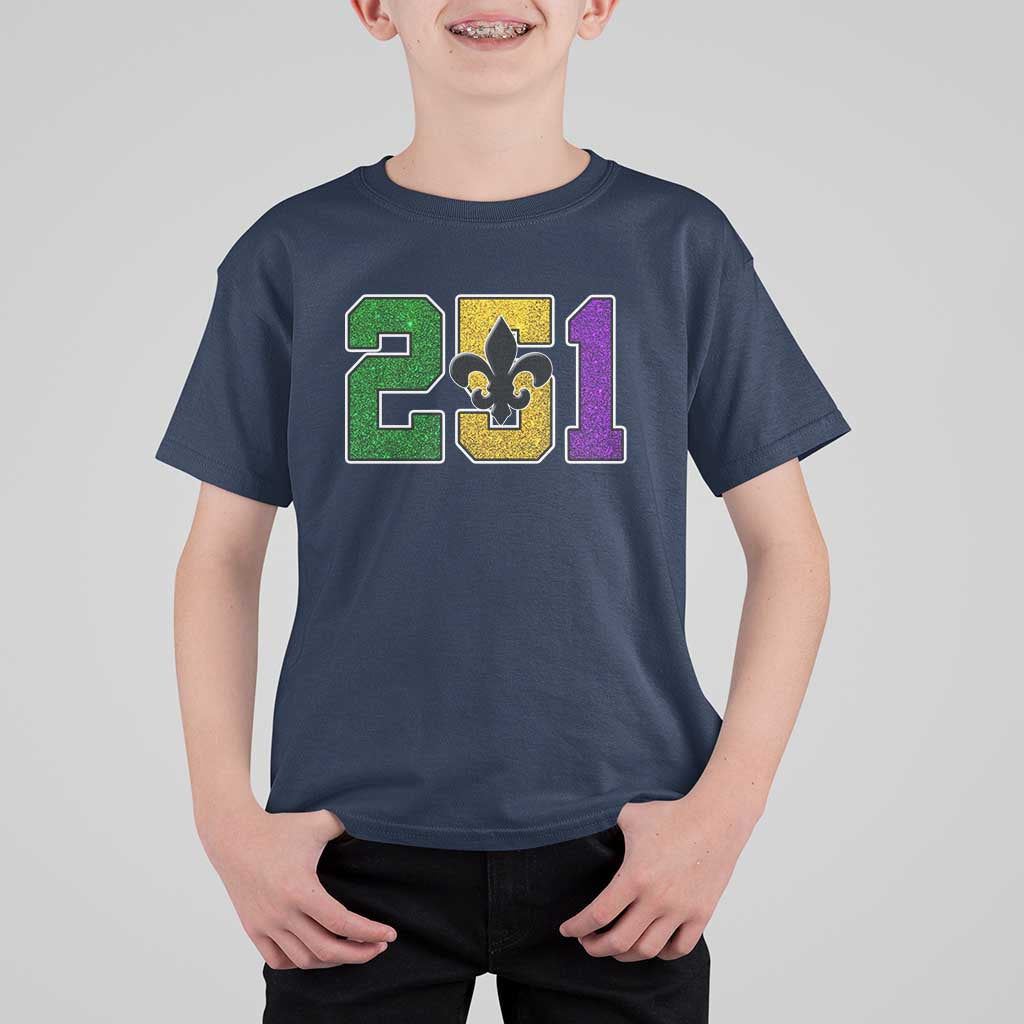 Funny Mardi Gras Mobile Alabama T Shirt For Kid 251 Area Code Glitter Print Fleur De Lis
