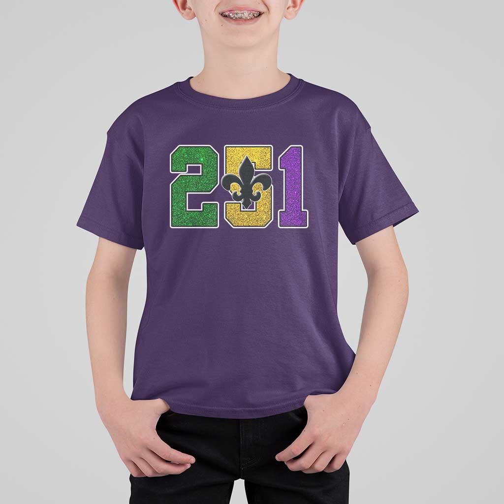 Funny Mardi Gras Mobile Alabama T Shirt For Kid 251 Area Code Glitter Print Fleur De Lis