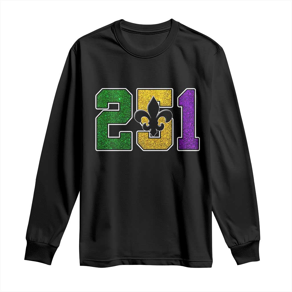 Funny Mardi Gras Mobile Alabama Long Sleeve Shirt 251 Area Code Glitter Print Fleur De Lis