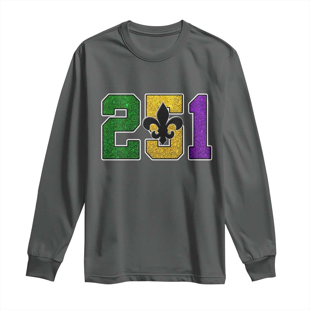 Funny Mardi Gras Mobile Alabama Long Sleeve Shirt 251 Area Code Glitter Print Fleur De Lis