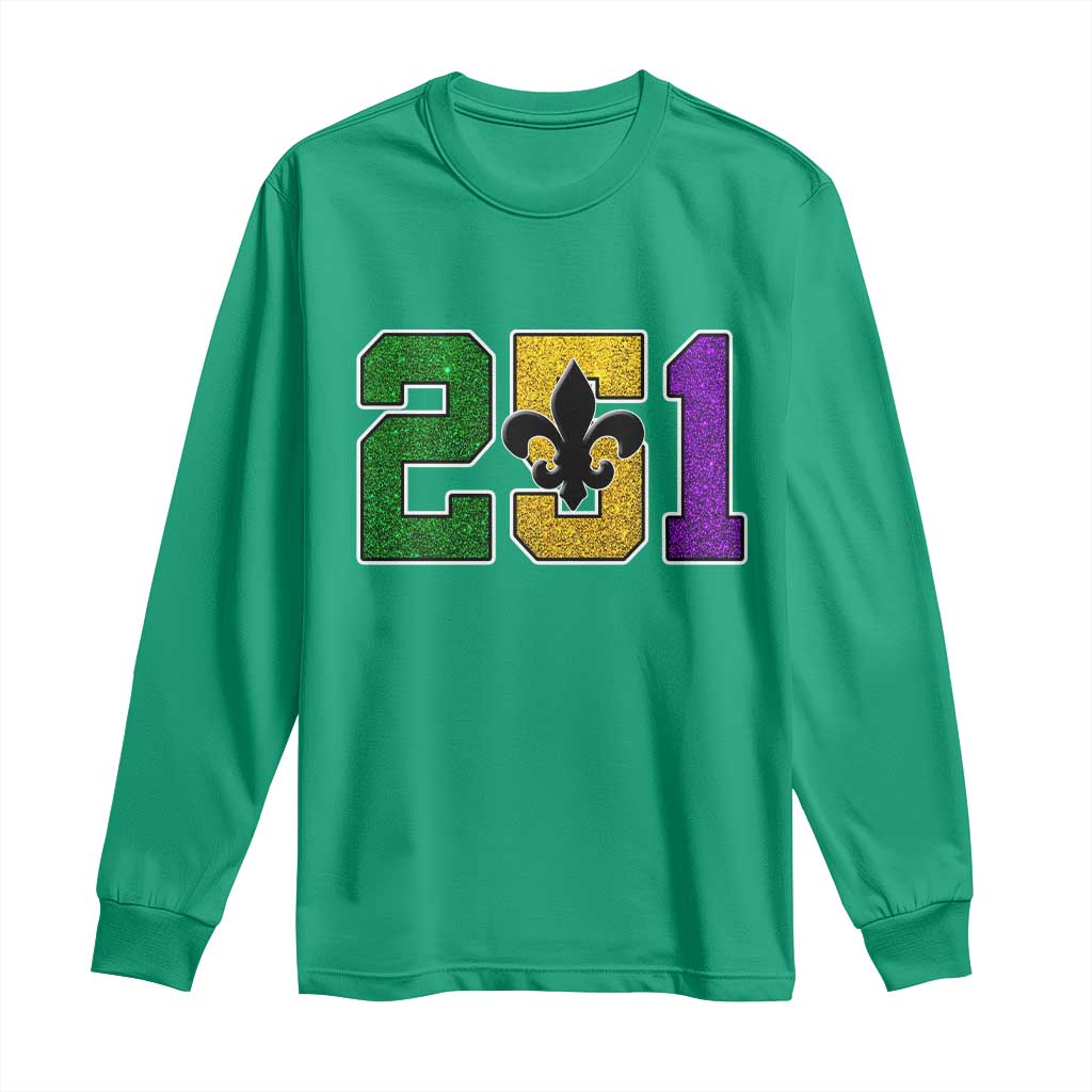 Funny Mardi Gras Mobile Alabama Long Sleeve Shirt 251 Area Code Glitter Print Fleur De Lis