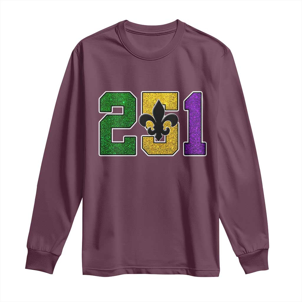 Funny Mardi Gras Mobile Alabama Long Sleeve Shirt 251 Area Code Glitter Print Fleur De Lis