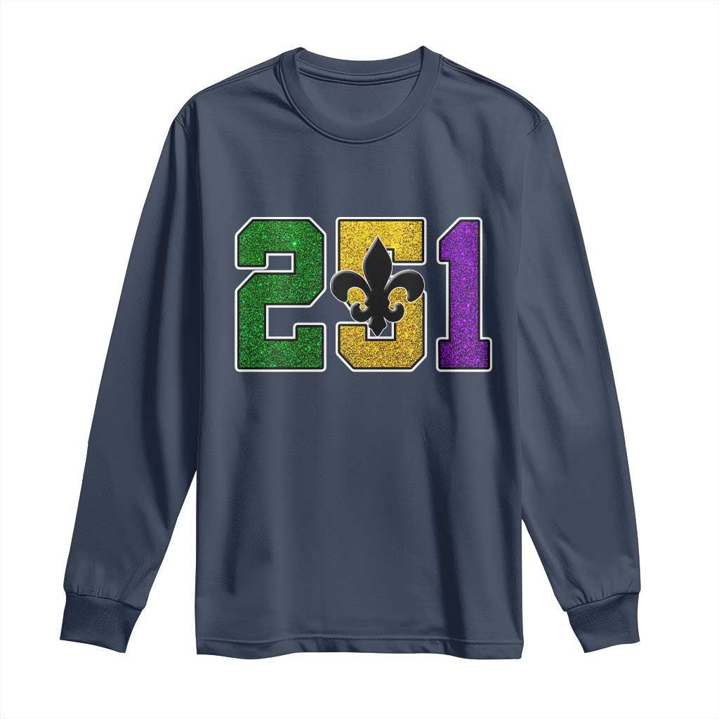 Funny Mardi Gras Mobile Alabama Long Sleeve Shirt 251 Area Code Glitter Print Fleur De Lis