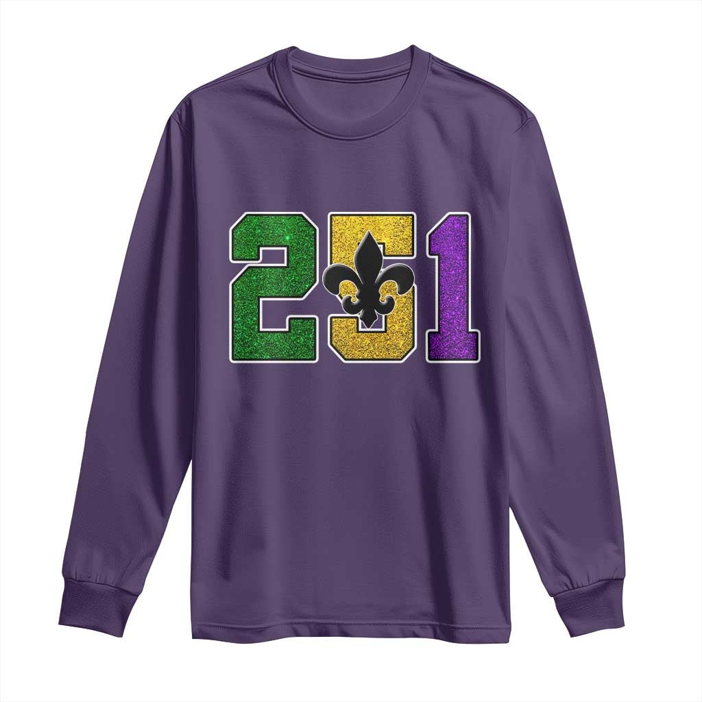 Funny Mardi Gras Mobile Alabama Long Sleeve Shirt 251 Area Code Glitter Print Fleur De Lis