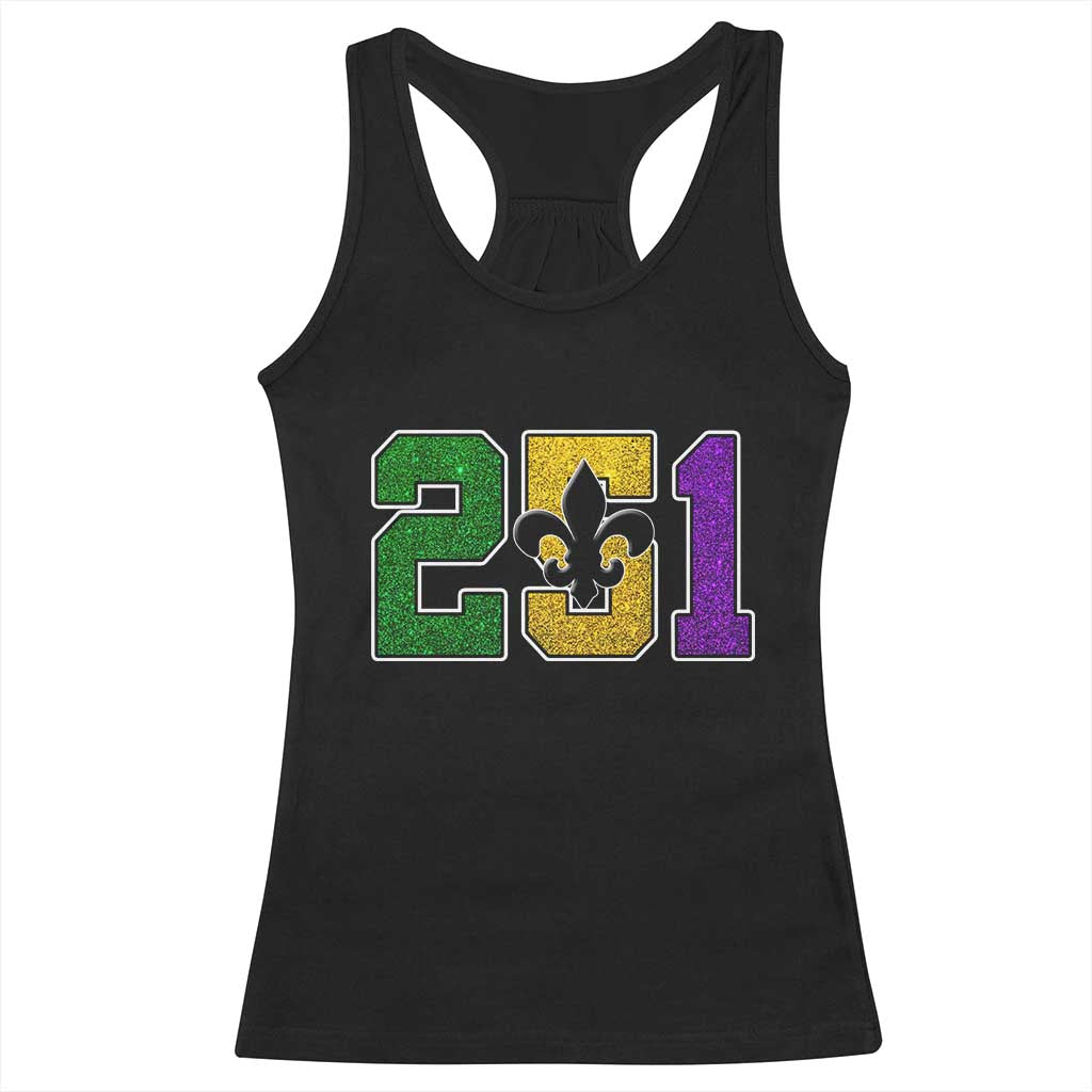 Funny Mardi Gras Mobile Alabama Racerback Tank Top 251 Area Code Glitter Print Fleur De Lis