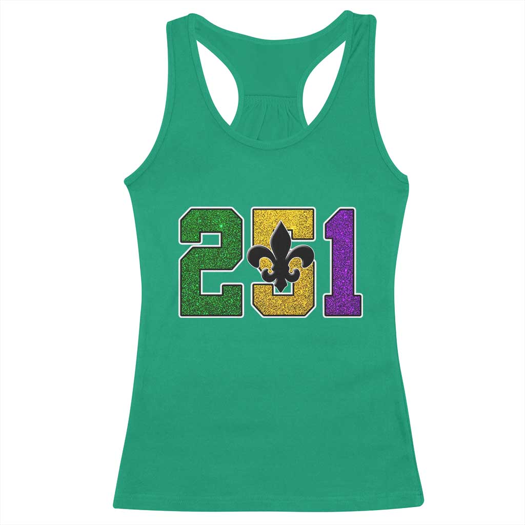 Funny Mardi Gras Mobile Alabama Racerback Tank Top 251 Area Code Glitter Print Fleur De Lis