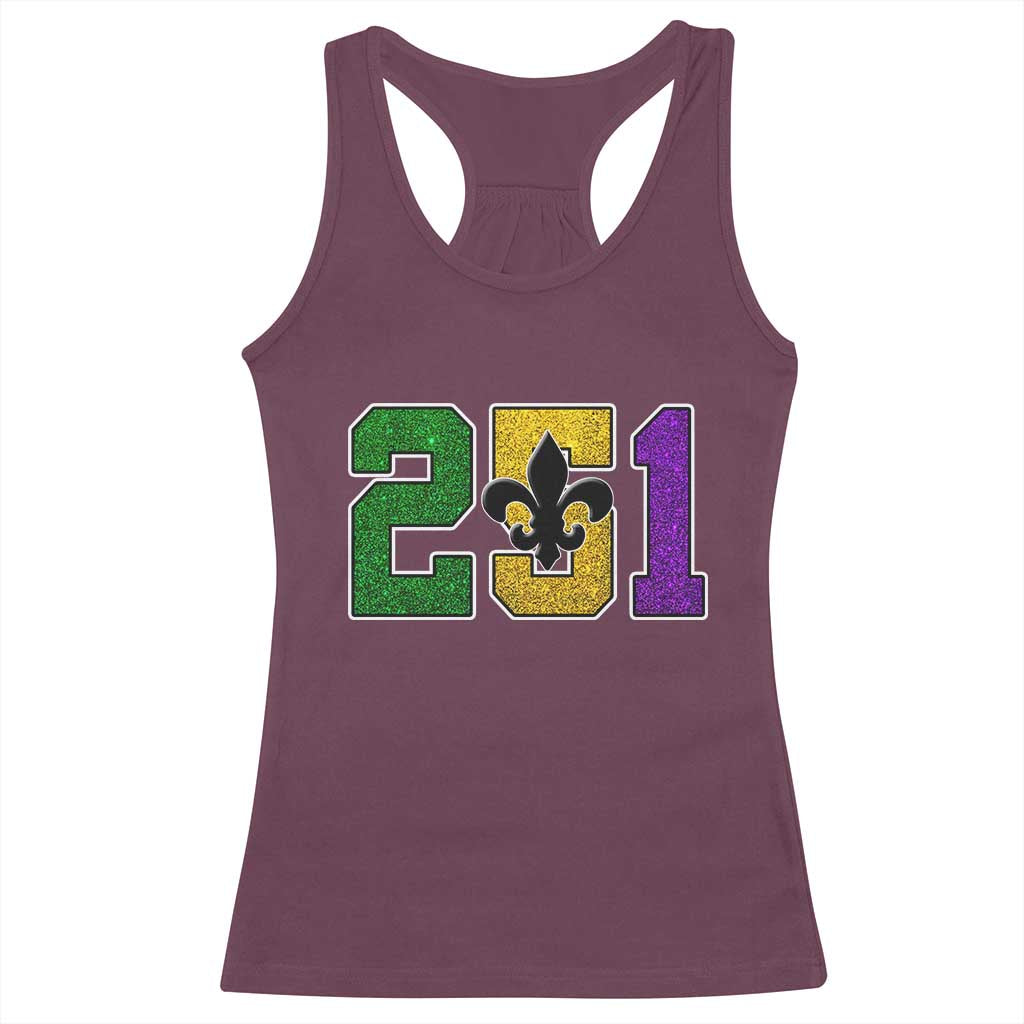 Funny Mardi Gras Mobile Alabama Racerback Tank Top 251 Area Code Glitter Print Fleur De Lis