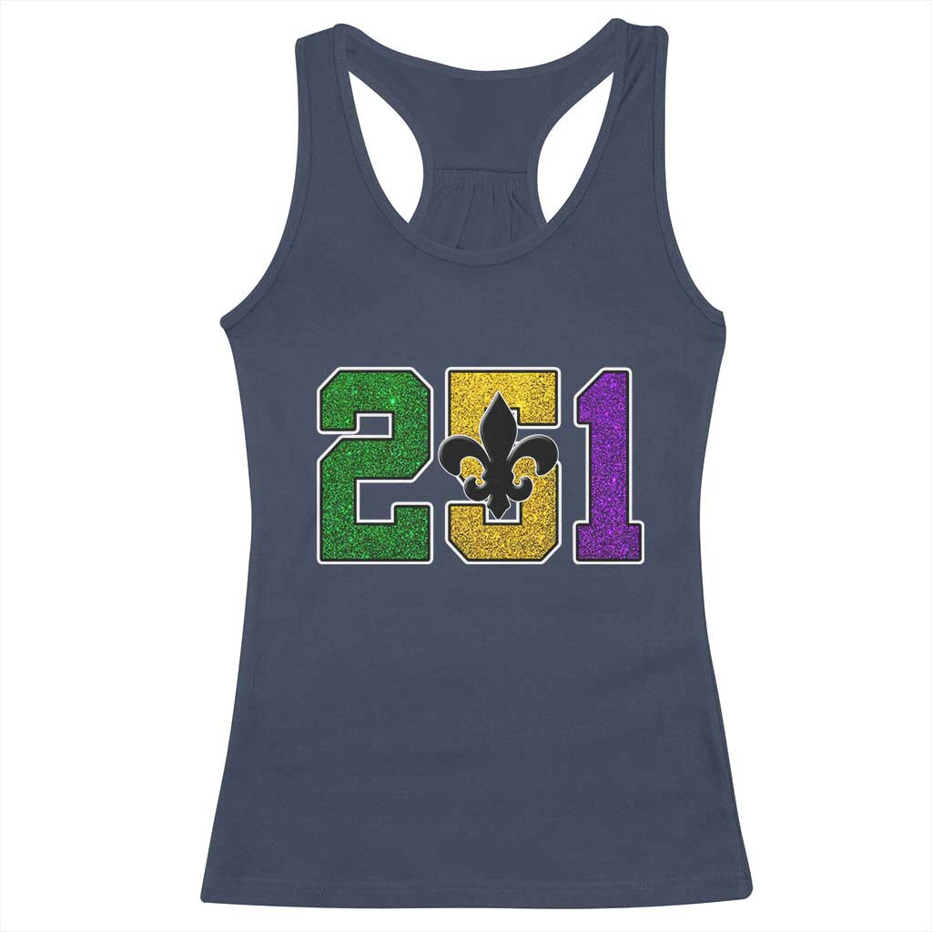 Funny Mardi Gras Mobile Alabama Racerback Tank Top 251 Area Code Glitter Print Fleur De Lis
