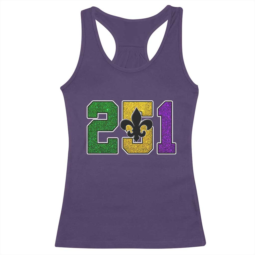 Funny Mardi Gras Mobile Alabama Racerback Tank Top 251 Area Code Glitter Print Fleur De Lis