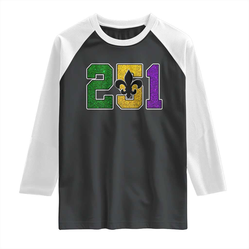 Funny Mardi Gras Mobile Alabama Raglan Shirt 251 Area Code Glitter Print Fleur De Lis