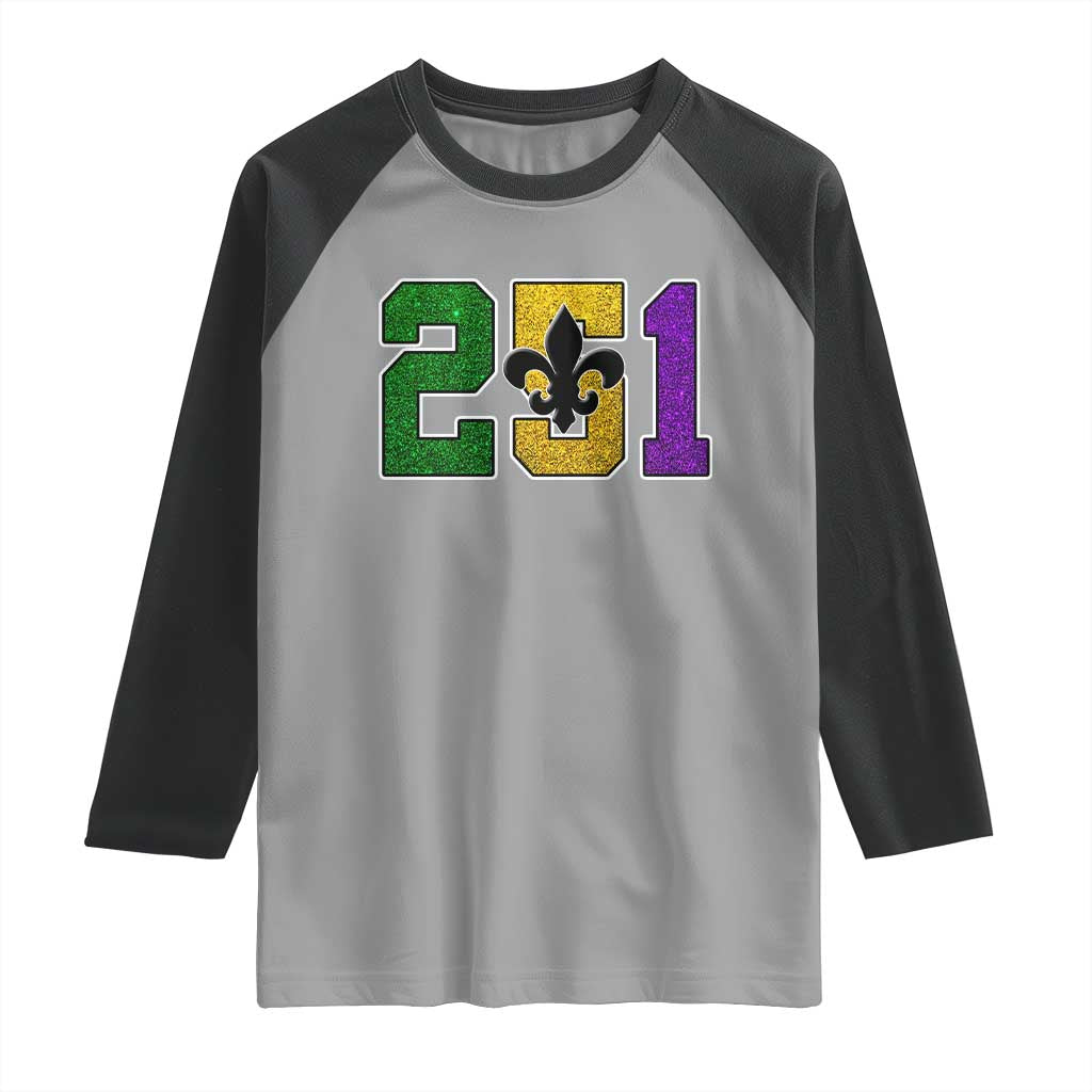 Funny Mardi Gras Mobile Alabama Raglan Shirt 251 Area Code Glitter Print Fleur De Lis