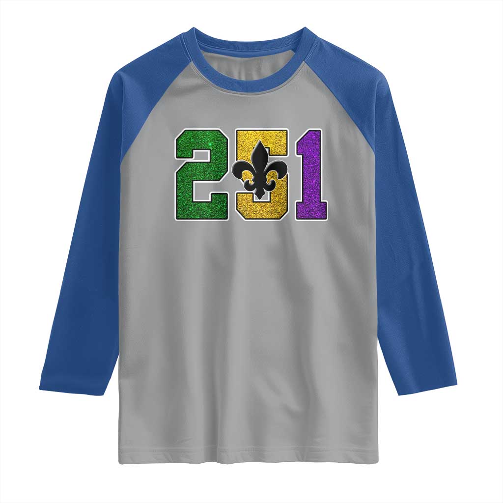 Funny Mardi Gras Mobile Alabama Raglan Shirt 251 Area Code Glitter Print Fleur De Lis