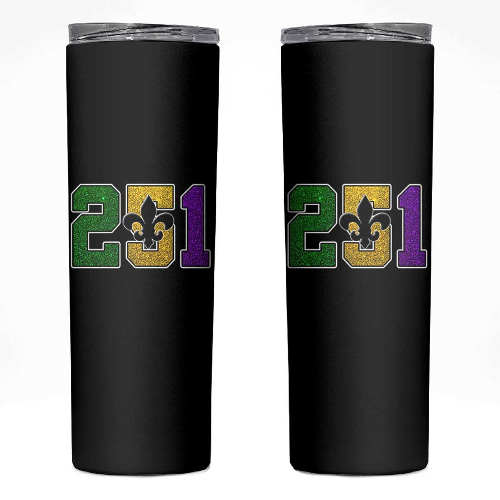 Funny Mardi Gras Mobile Alabama Skinny Tumbler 251 Area Code Glitter Print Fleur De Lis