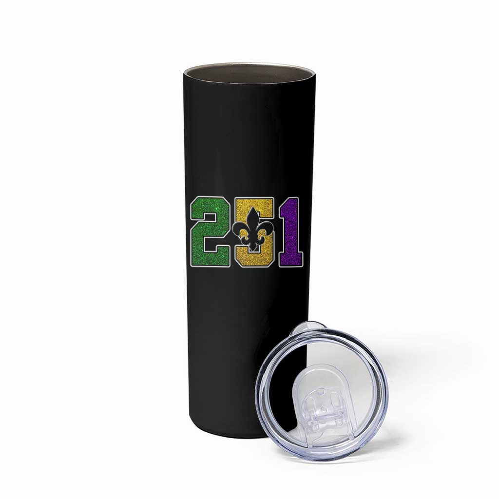 Funny Mardi Gras Mobile Alabama Skinny Tumbler 251 Area Code Glitter Print Fleur De Lis