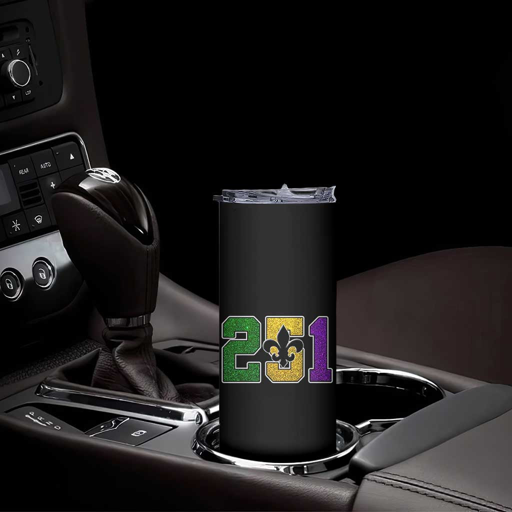 Funny Mardi Gras Mobile Alabama Skinny Tumbler 251 Area Code Glitter Print Fleur De Lis