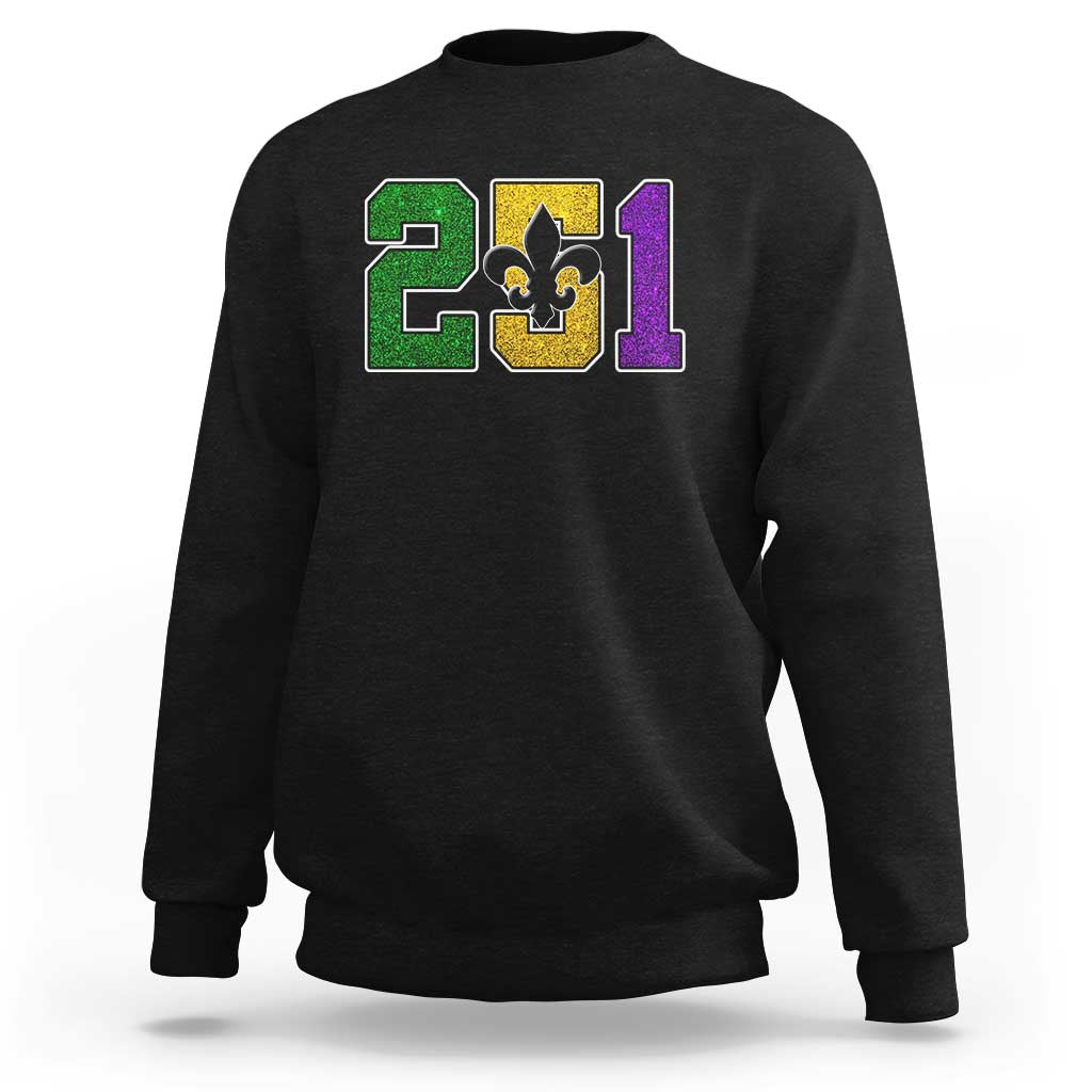 Funny Mardi Gras Mobile Alabama Sweatshirt 251 Area Code Glitter Print Fleur De Lis