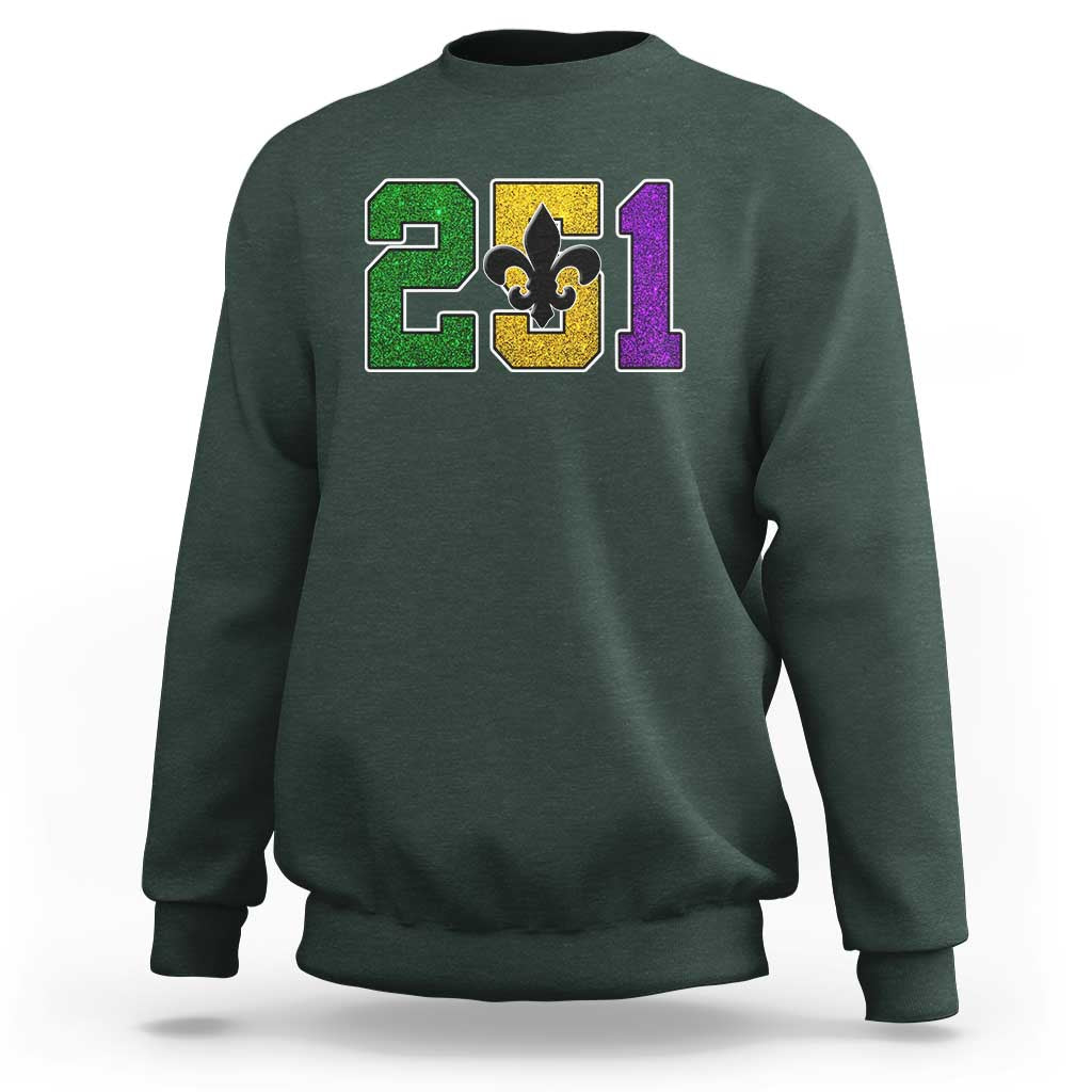 Funny Mardi Gras Mobile Alabama Sweatshirt 251 Area Code Glitter Print Fleur De Lis