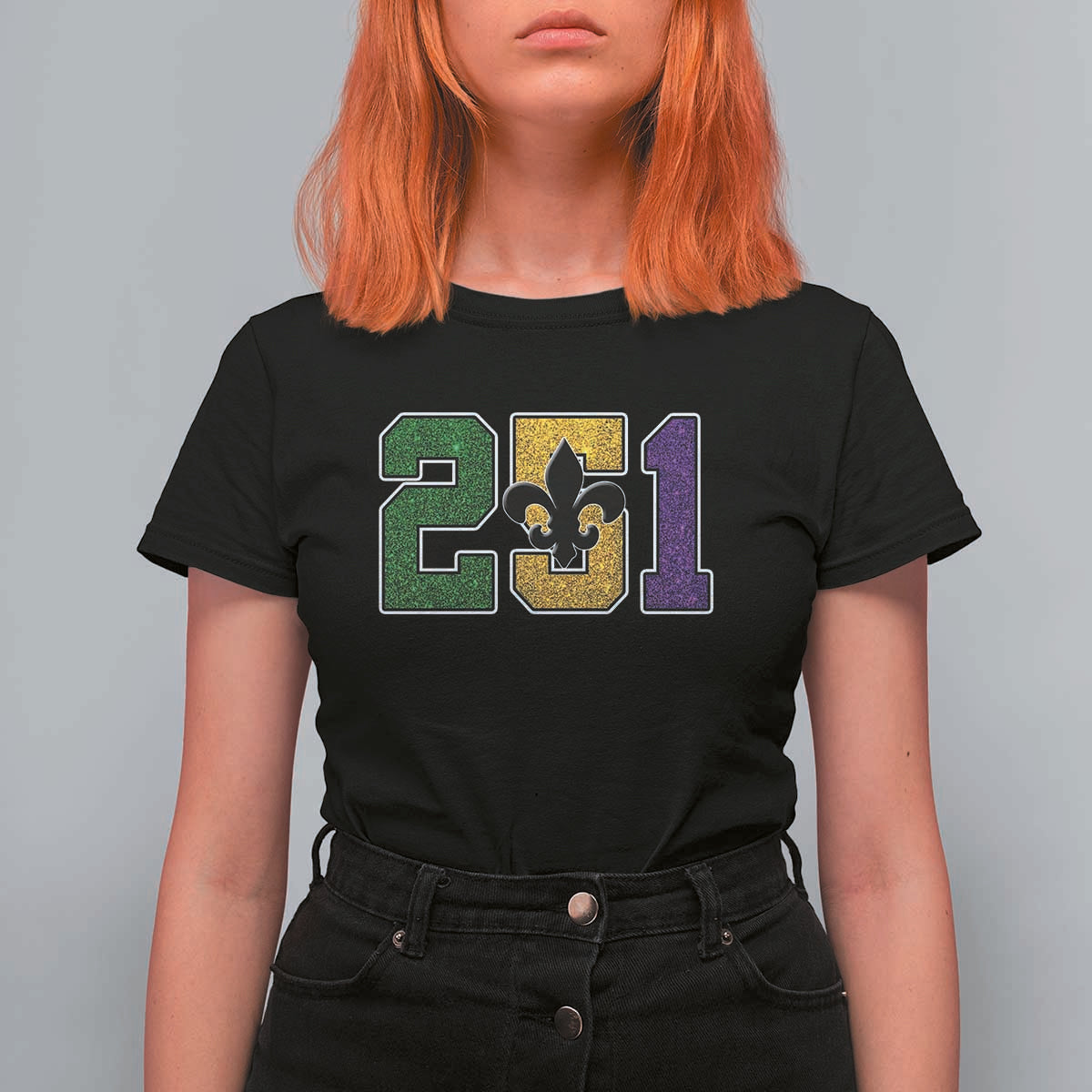 Funny Mardi Gras Mobile Alabama T Shirt For Women 251 Area Code Glitter Print Fleur De Lis