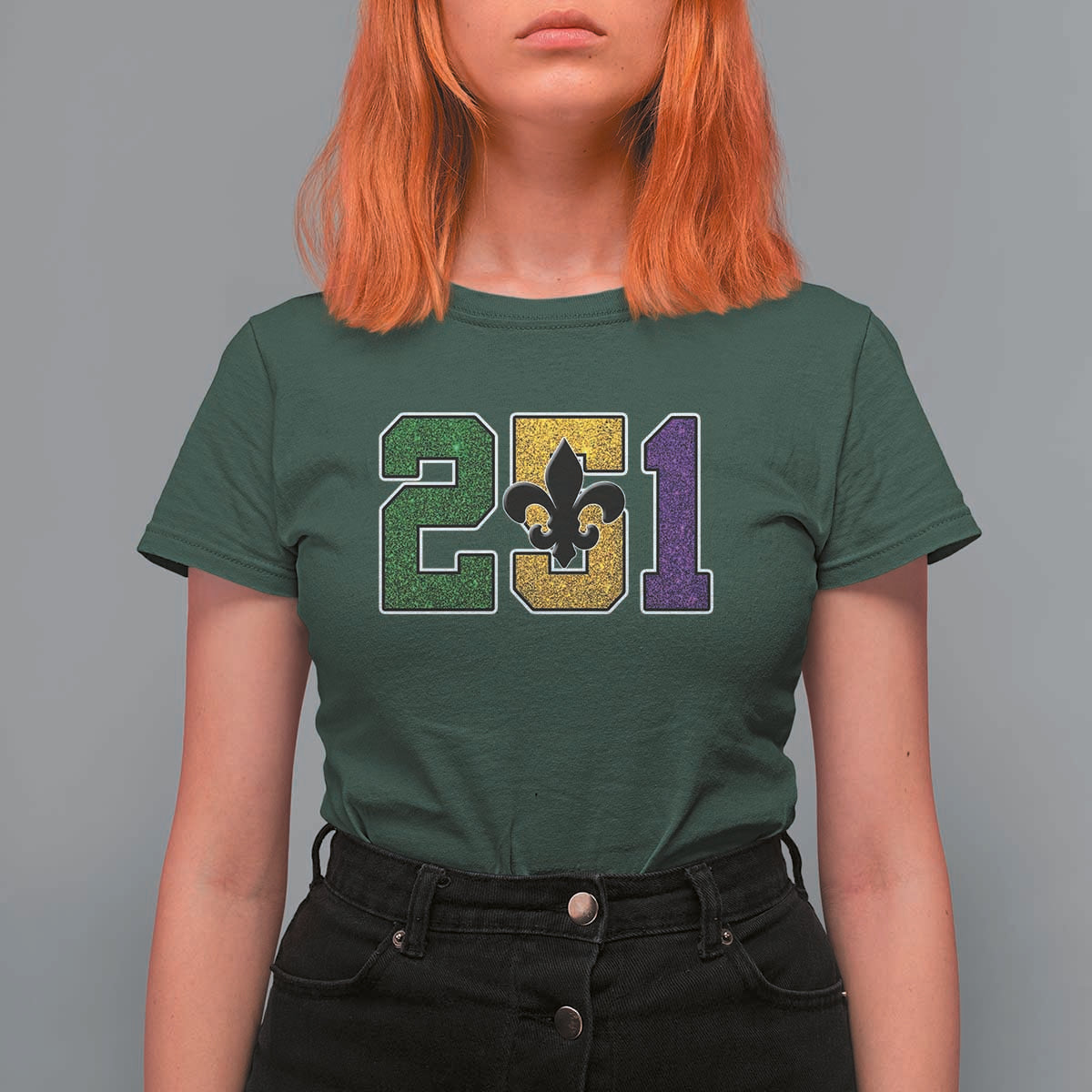 Funny Mardi Gras Mobile Alabama T Shirt For Women 251 Area Code Glitter Print Fleur De Lis