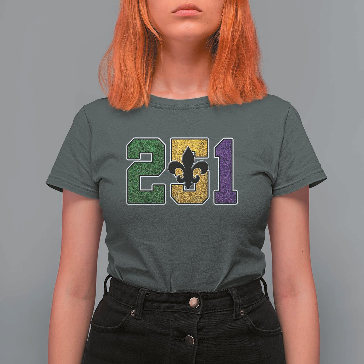 Funny Mardi Gras Mobile Alabama T Shirt For Women 251 Area Code Glitter Print Fleur De Lis