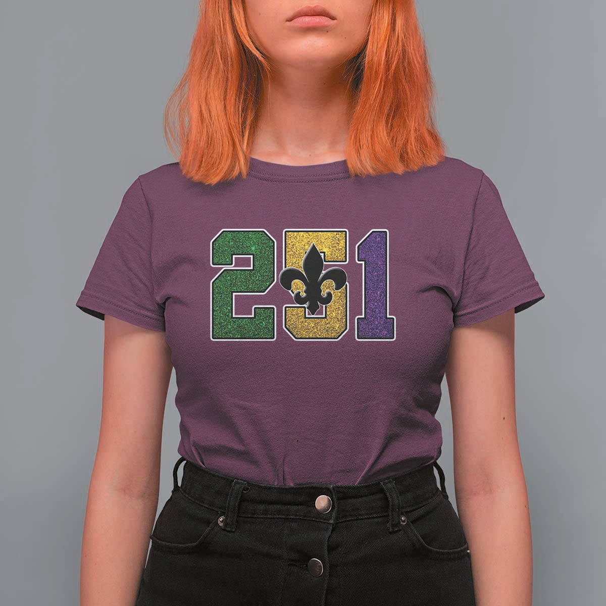 Funny Mardi Gras Mobile Alabama T Shirt For Women 251 Area Code Glitter Print Fleur De Lis