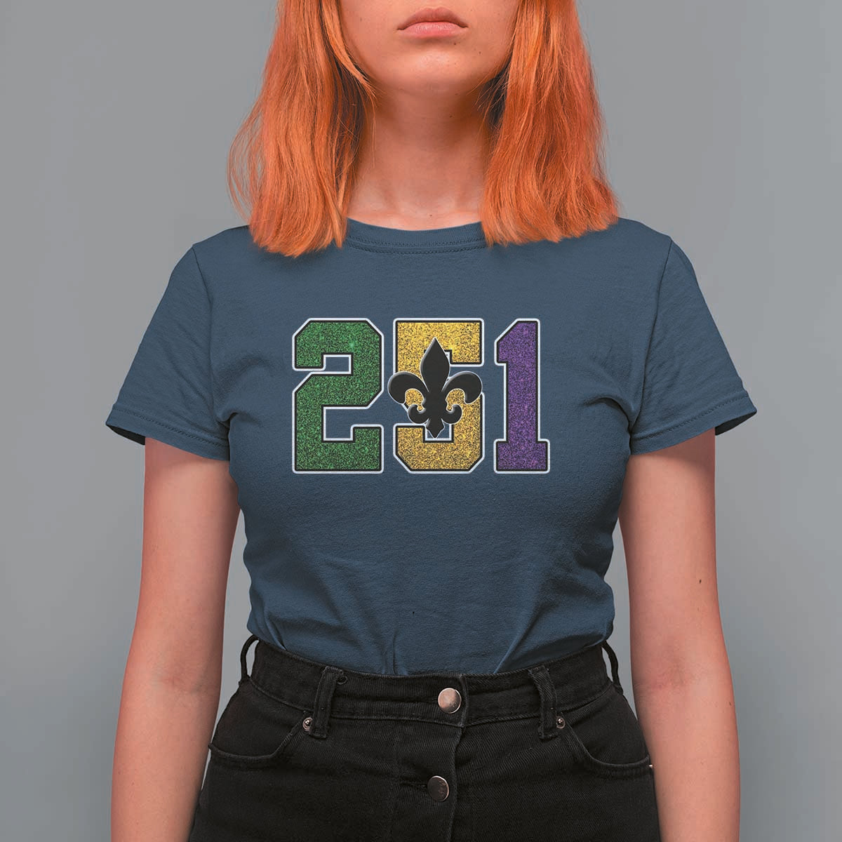 Funny Mardi Gras Mobile Alabama T Shirt For Women 251 Area Code Glitter Print Fleur De Lis
