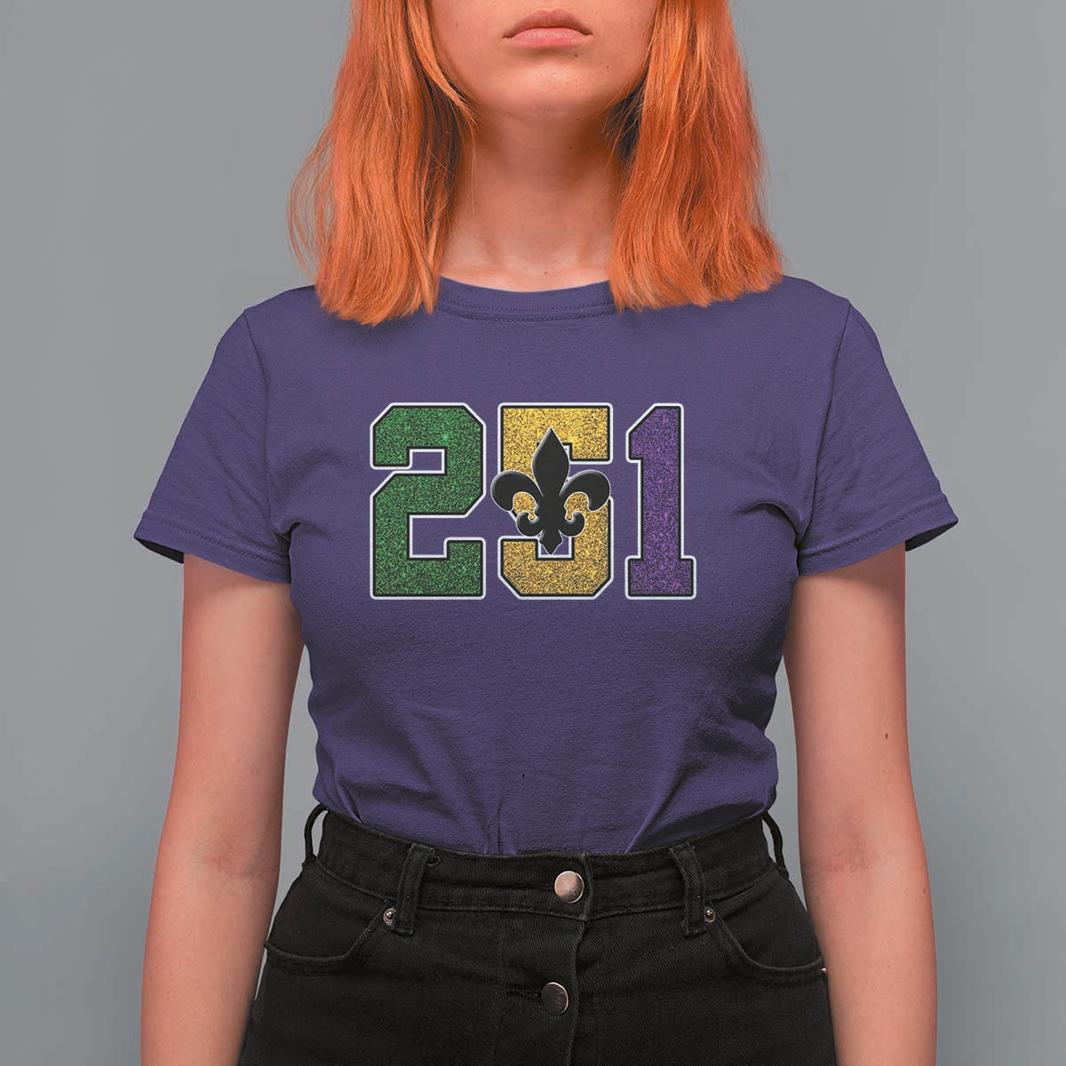 Funny Mardi Gras Mobile Alabama T Shirt For Women 251 Area Code Glitter Print Fleur De Lis