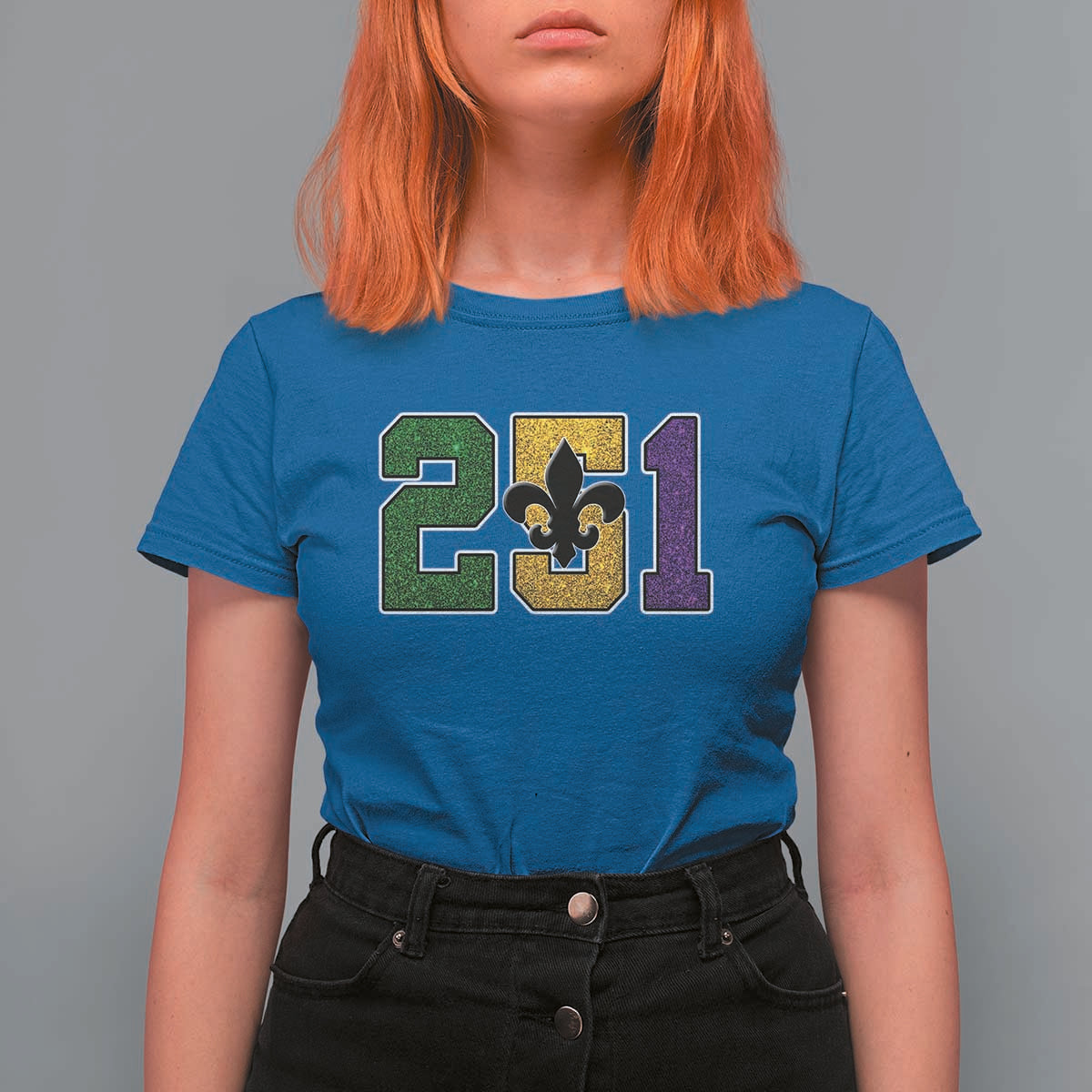 Funny Mardi Gras Mobile Alabama T Shirt For Women 251 Area Code Glitter Print Fleur De Lis
