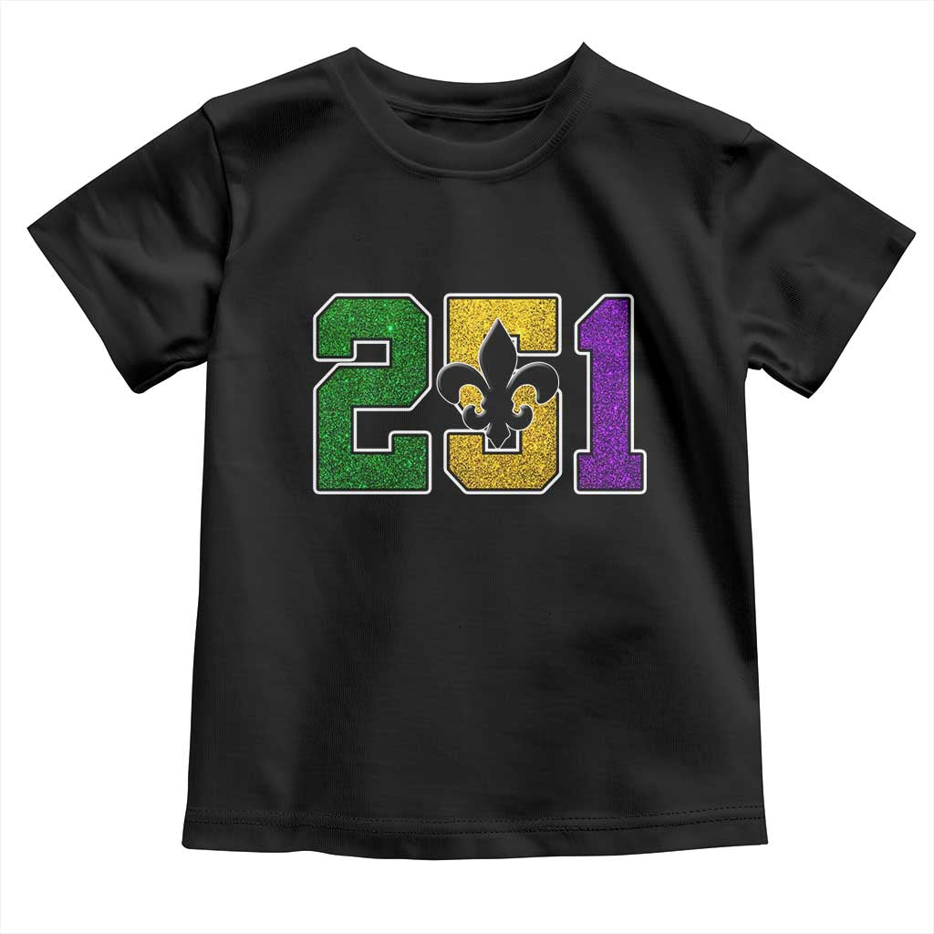 Funny Mardi Gras Mobile Alabama Toddler T Shirt 251 Area Code Glitter Print Fleur De Lis