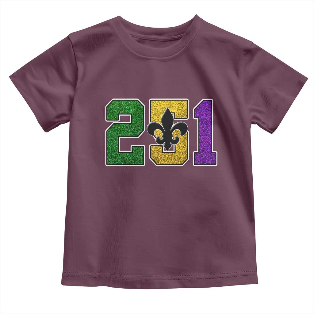 Funny Mardi Gras Mobile Alabama Toddler T Shirt 251 Area Code Glitter Print Fleur De Lis
