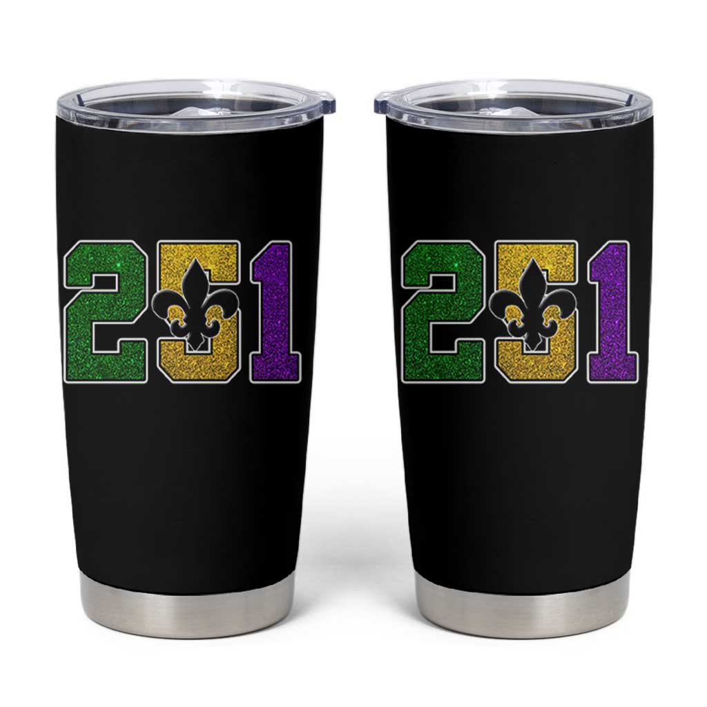 Funny Mardi Gras Mobile Alabama Tumbler Cup 251 Area Code Glitter Print Fleur De Lis