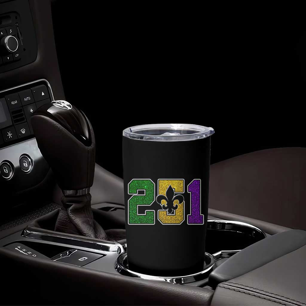 Funny Mardi Gras Mobile Alabama Tumbler Cup 251 Area Code Glitter Print Fleur De Lis