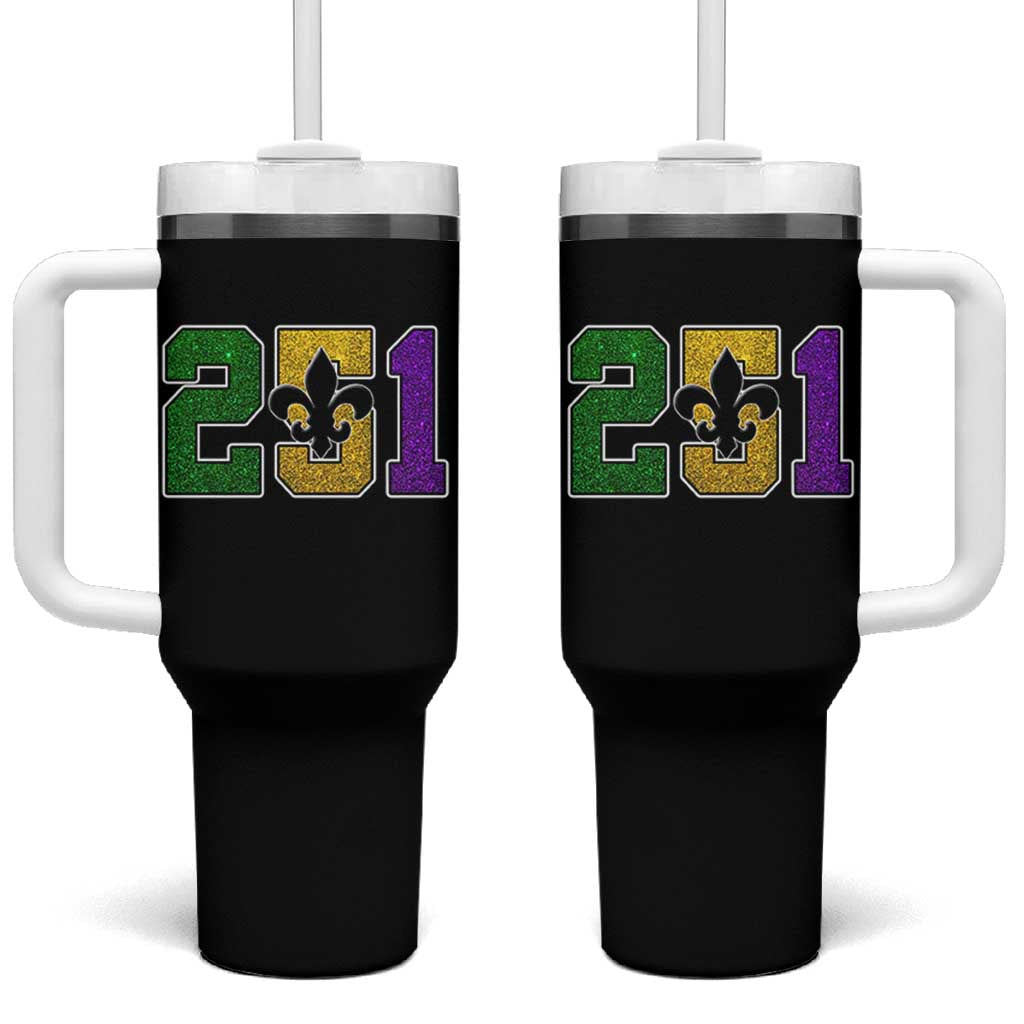 Funny Mardi Gras Mobile Alabama Tumbler With Handle 251 Area Code Glitter Print Fleur De Lis