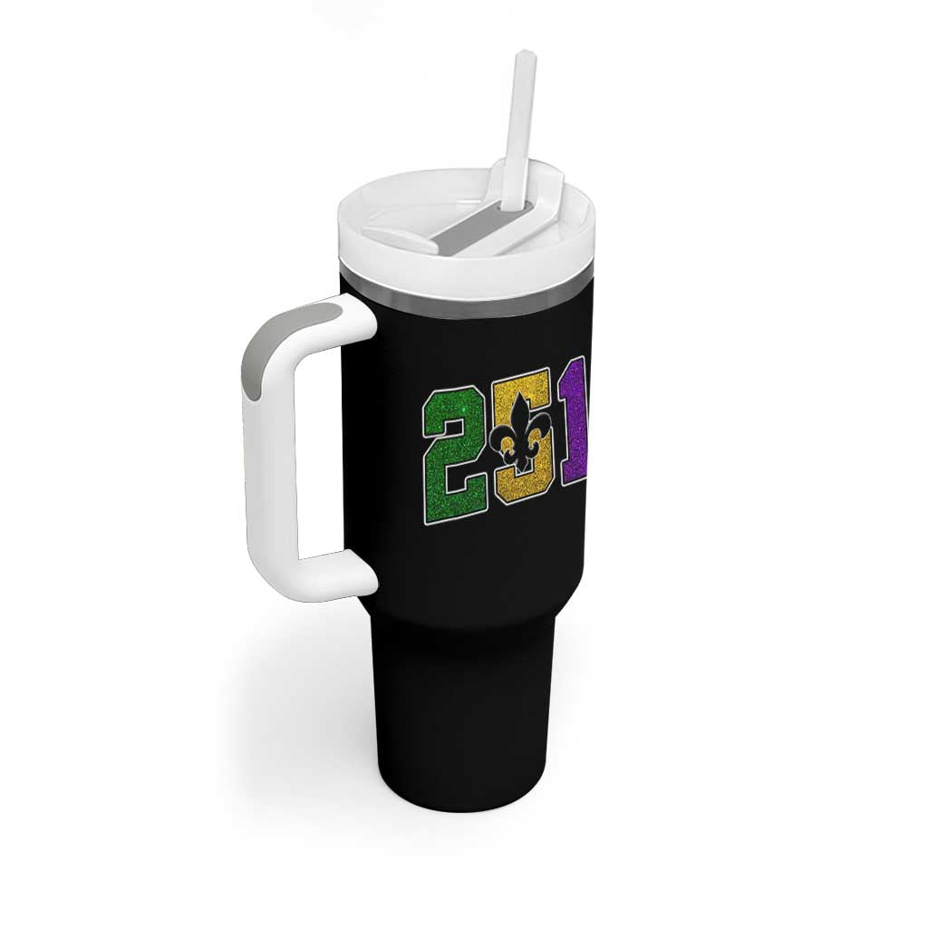 Funny Mardi Gras Mobile Alabama Tumbler With Handle 251 Area Code Glitter Print Fleur De Lis
