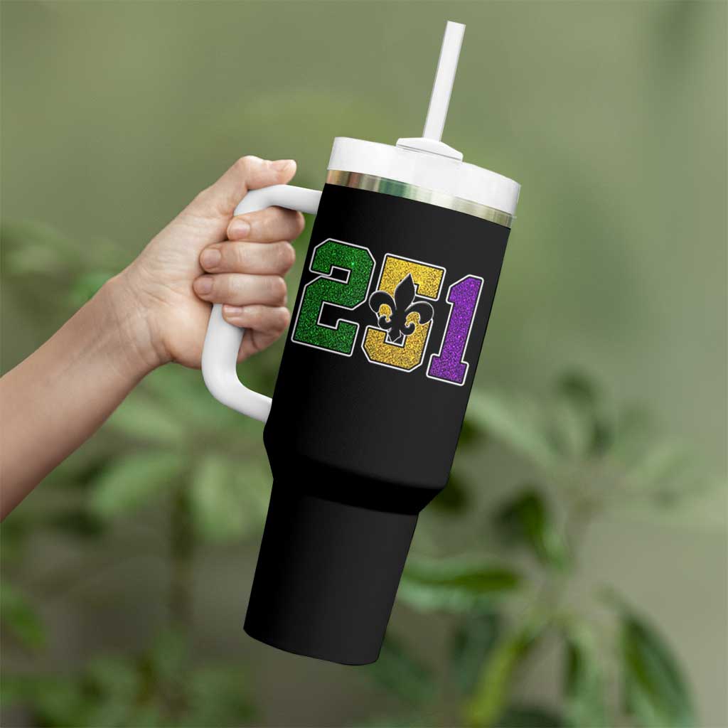 Funny Mardi Gras Mobile Alabama Tumbler With Handle 251 Area Code Glitter Print Fleur De Lis