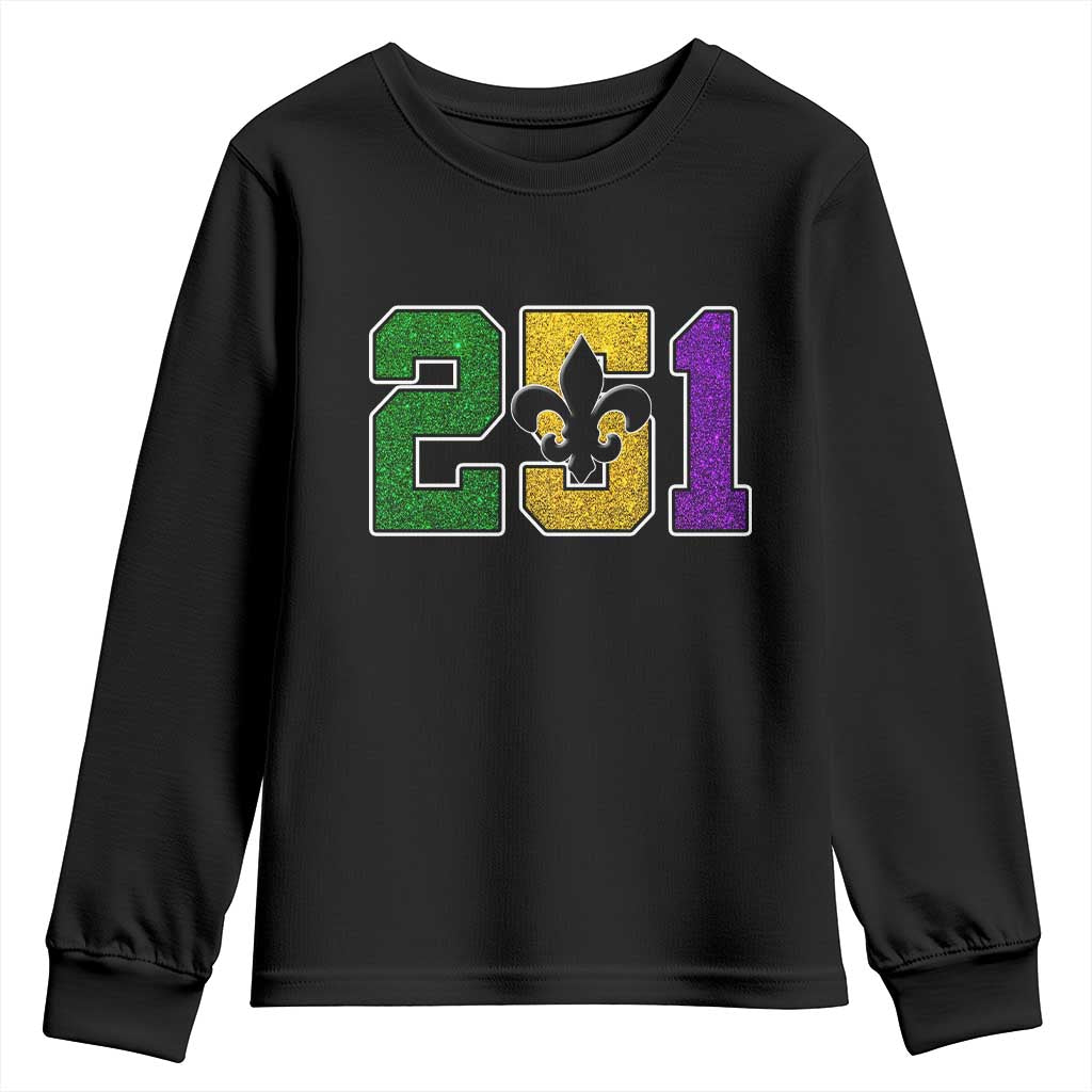 Funny Mardi Gras Mobile Alabama Youth Sweatshirt 251 Area Code Glitter Print Fleur De Lis