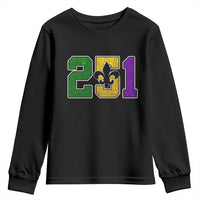 Funny Mardi Gras Mobile Alabama Youth Sweatshirt 251 Area Code Glitter Print Fleur De Lis