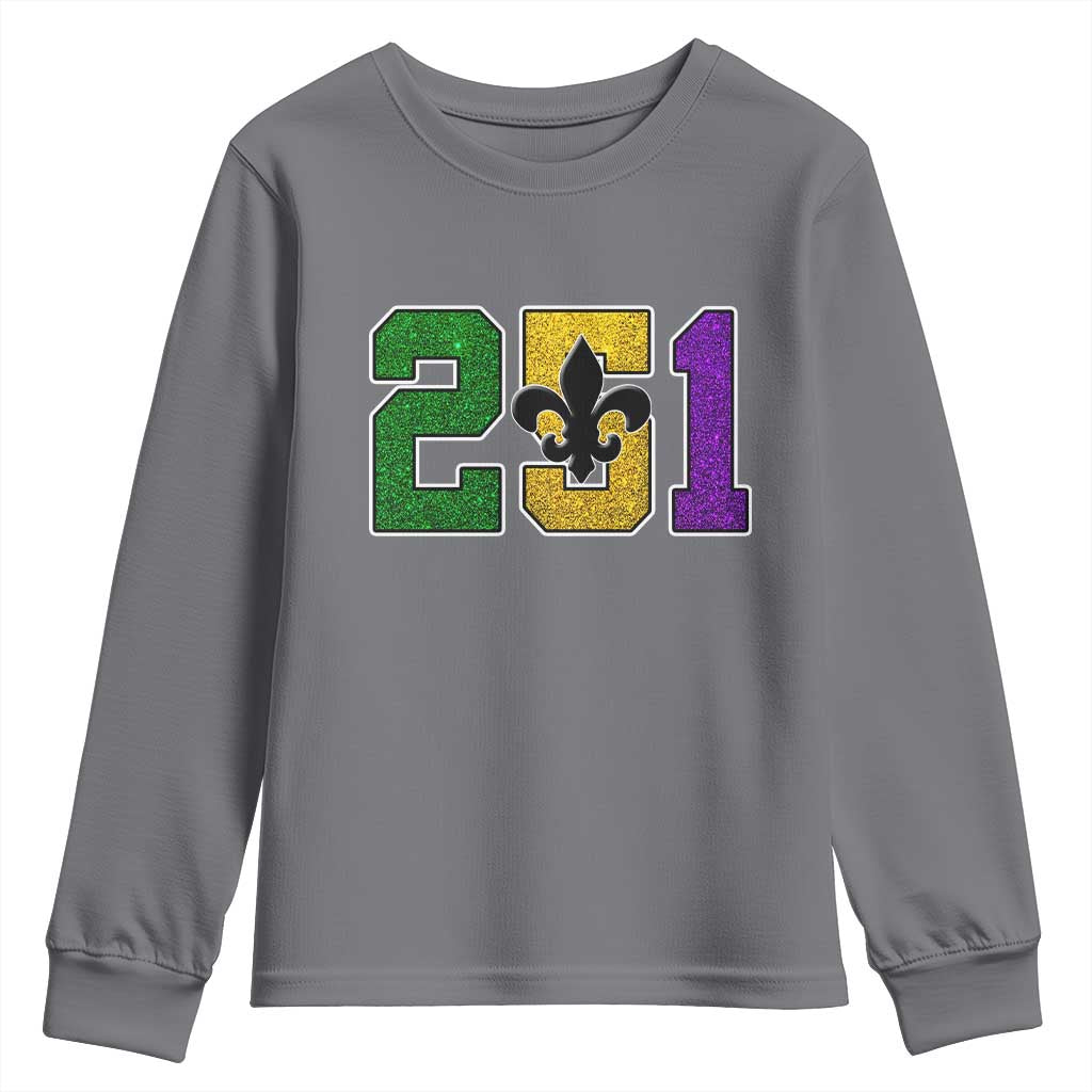 Funny Mardi Gras Mobile Alabama Youth Sweatshirt 251 Area Code Glitter Print Fleur De Lis