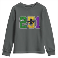Funny Mardi Gras Mobile Alabama Youth Sweatshirt 251 Area Code Glitter Print Fleur De Lis