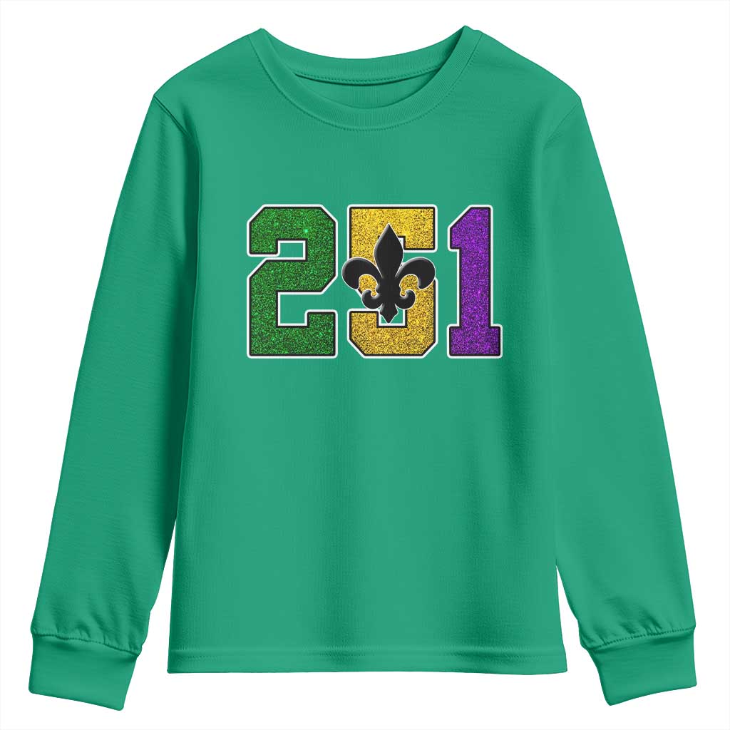 Funny Mardi Gras Mobile Alabama Youth Sweatshirt 251 Area Code Glitter Print Fleur De Lis